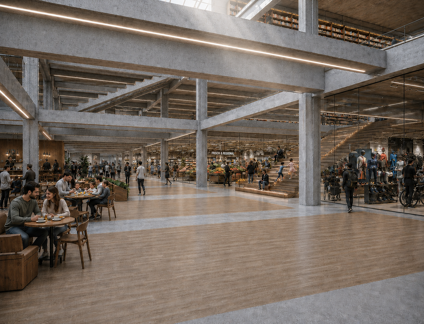 Innenraumvisualisierung eines belebten Erdgeschosses mit Café, Supermarkt und zentraler Treppe
