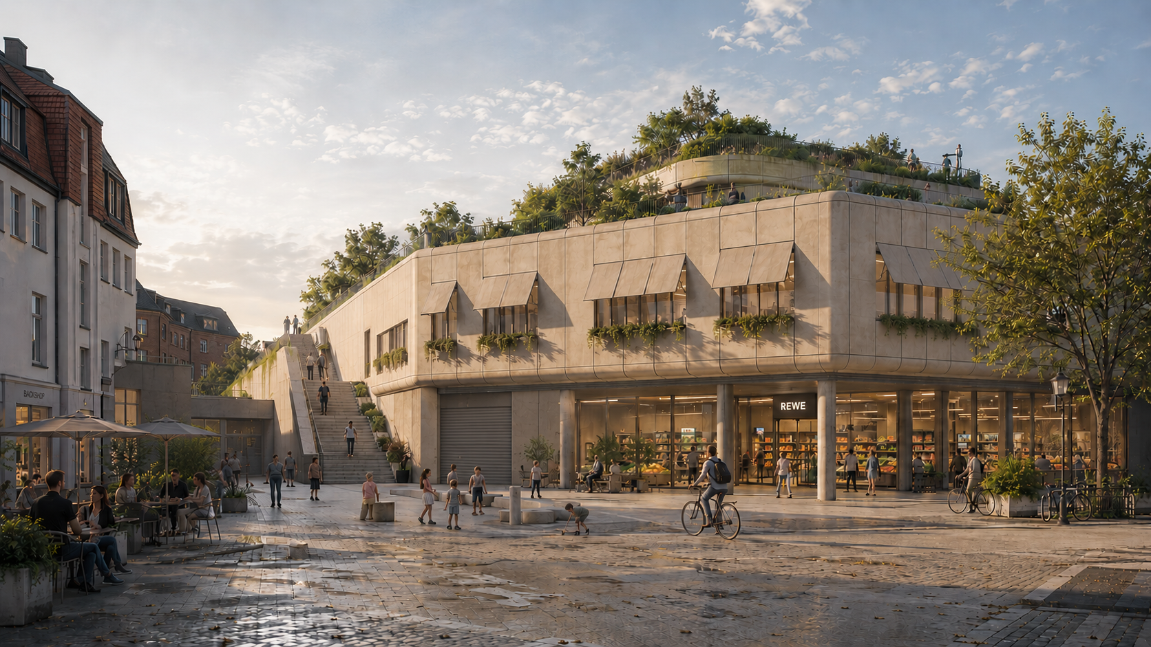 Visualisierung der neuen Rückseite mit Stadtplatz, Dachterrassen und begrünten Ebenen
